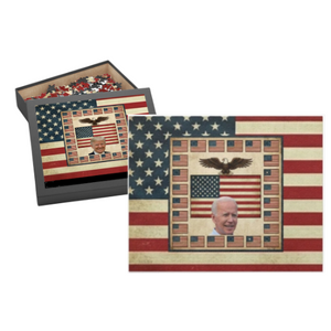 Prank puzzle featuring a patriotic puzzle with Joe Biden's portrait and a box with the same patriotic design but featuring convicted felon Donald Trump's portrait
